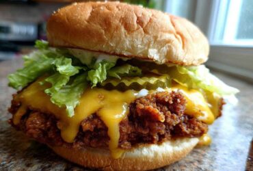 A close-up shot of a juicy Crispy Chicken Burger with melty cheese dripping over the fried patty, topped with lettuce and pickles.