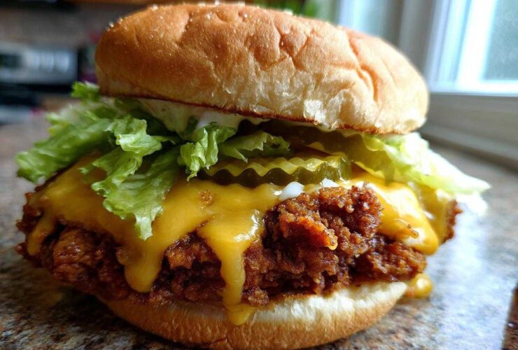 A close-up shot of a juicy Crispy Chicken Burger with melty cheese dripping over the fried patty, topped with lettuce and pickles.