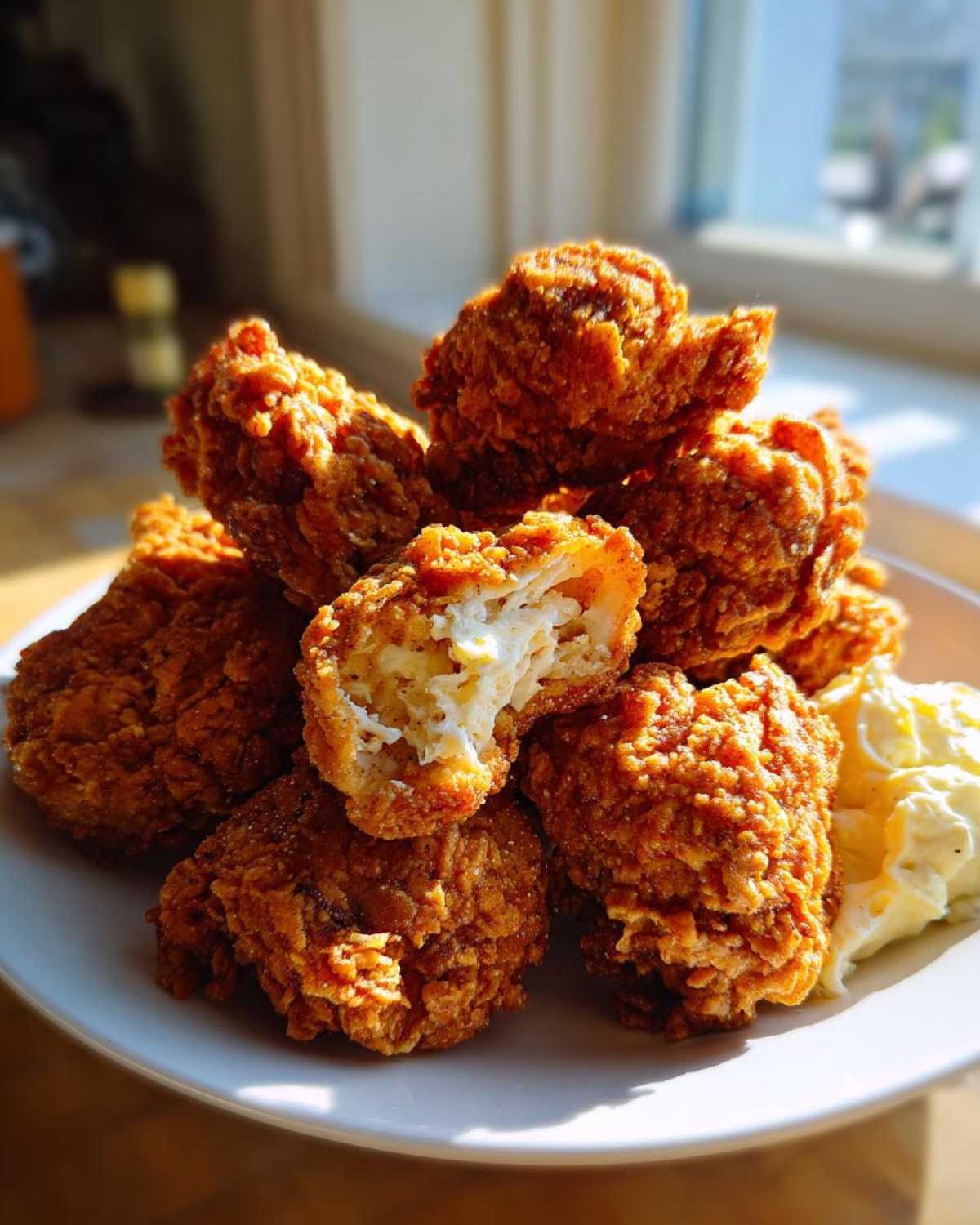A pile of golden brown, extra crispy chicken nuggets served with a side of creamy garlic dip.