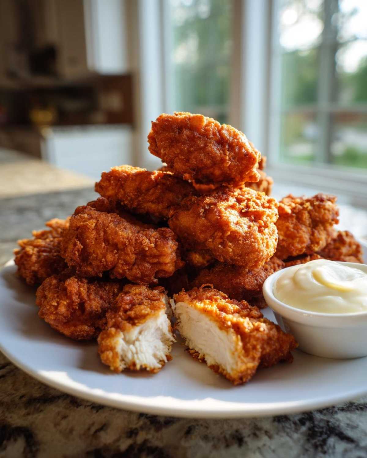 A pile of golden brown Crispy Chicken Nuggets served with a small bowl of creamy garlic dip.
