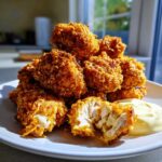 A pile of golden, extra crispy chicken nuggets served with a side of creamy garlic dip.