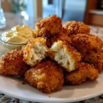 A plate of golden brown Crispy Chicken Nuggets with Garlic Dip, one nugget is broken open showing the white interior.