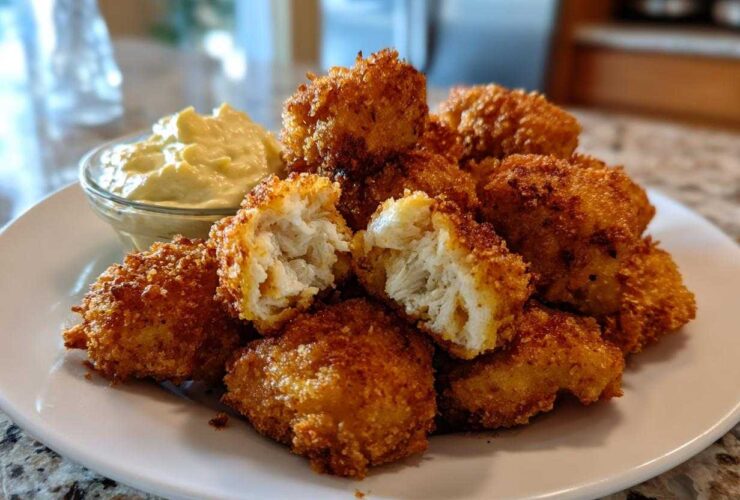 A plate of golden brown Crispy Chicken Nuggets with Garlic Dip, one nugget is broken open showing the white interior.