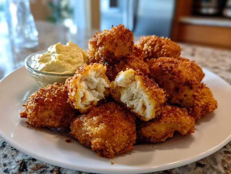 A plate of golden brown Crispy Chicken Nuggets with Garlic Dip, one nugget is broken open showing the white interior.