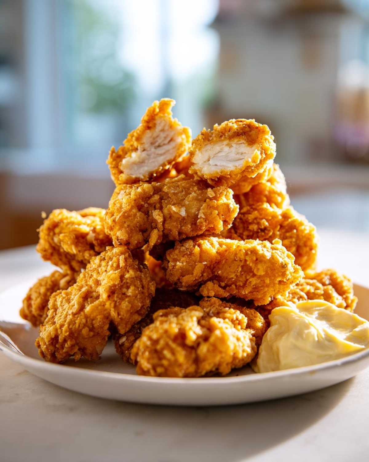 A tall stack of golden brown Crispy Chicken Nuggets with Garlic Dip served on a white plate.
