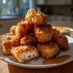 A mound of golden brown, crispy chicken nuggets served on a white plate with a side of honey dip.