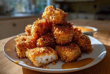 A mound of golden brown, crispy chicken nuggets served on a white plate with a side of honey dip.