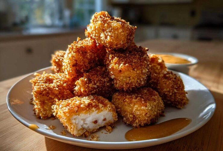 A mound of golden brown, crispy chicken nuggets served on a white plate with a side of honey dip.