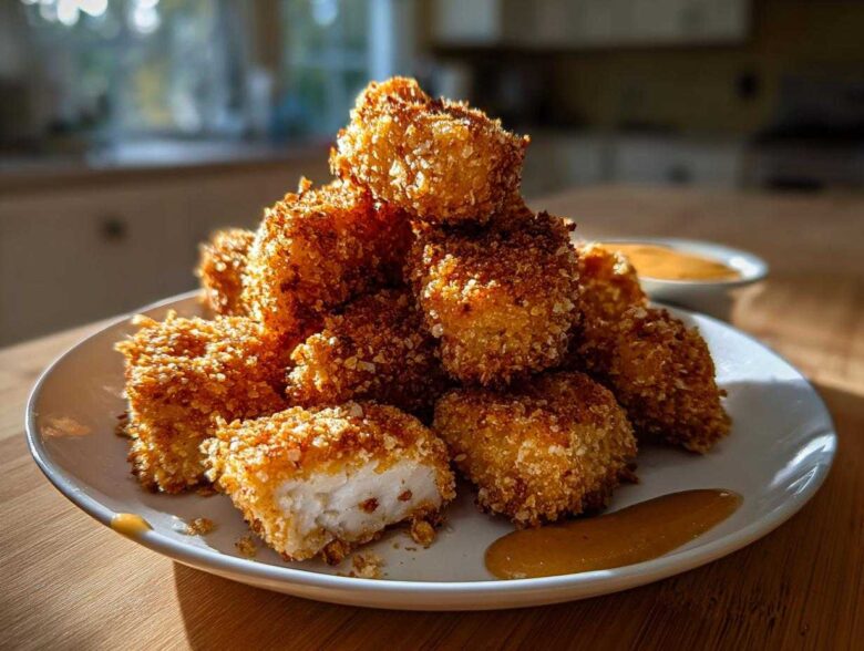 A mound of golden brown, crispy chicken nuggets served on a white plate with a side of honey dip.