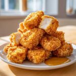 A tall pile of golden brown, crispy chicken nuggets served on a white plate with a dollop of honey dip sauce.