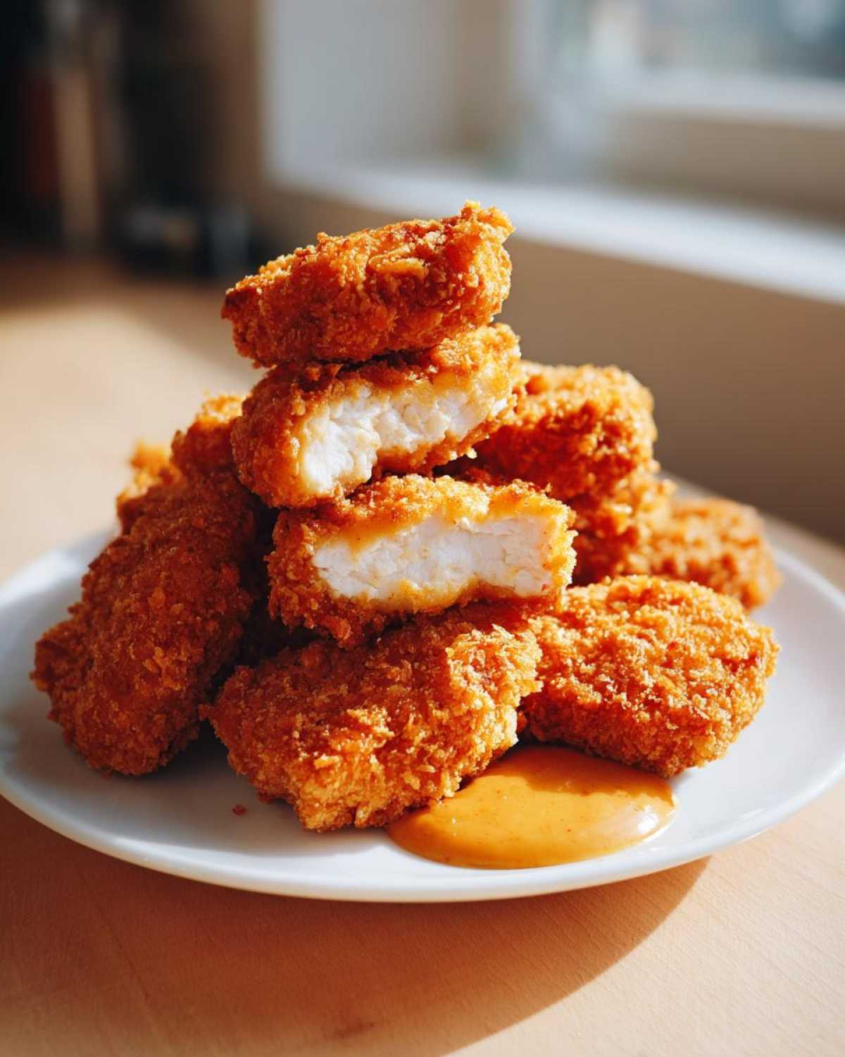 A stack of golden brown, crispy chicken nuggets, one cut open showing white meat, served with a dollop of honey dip.