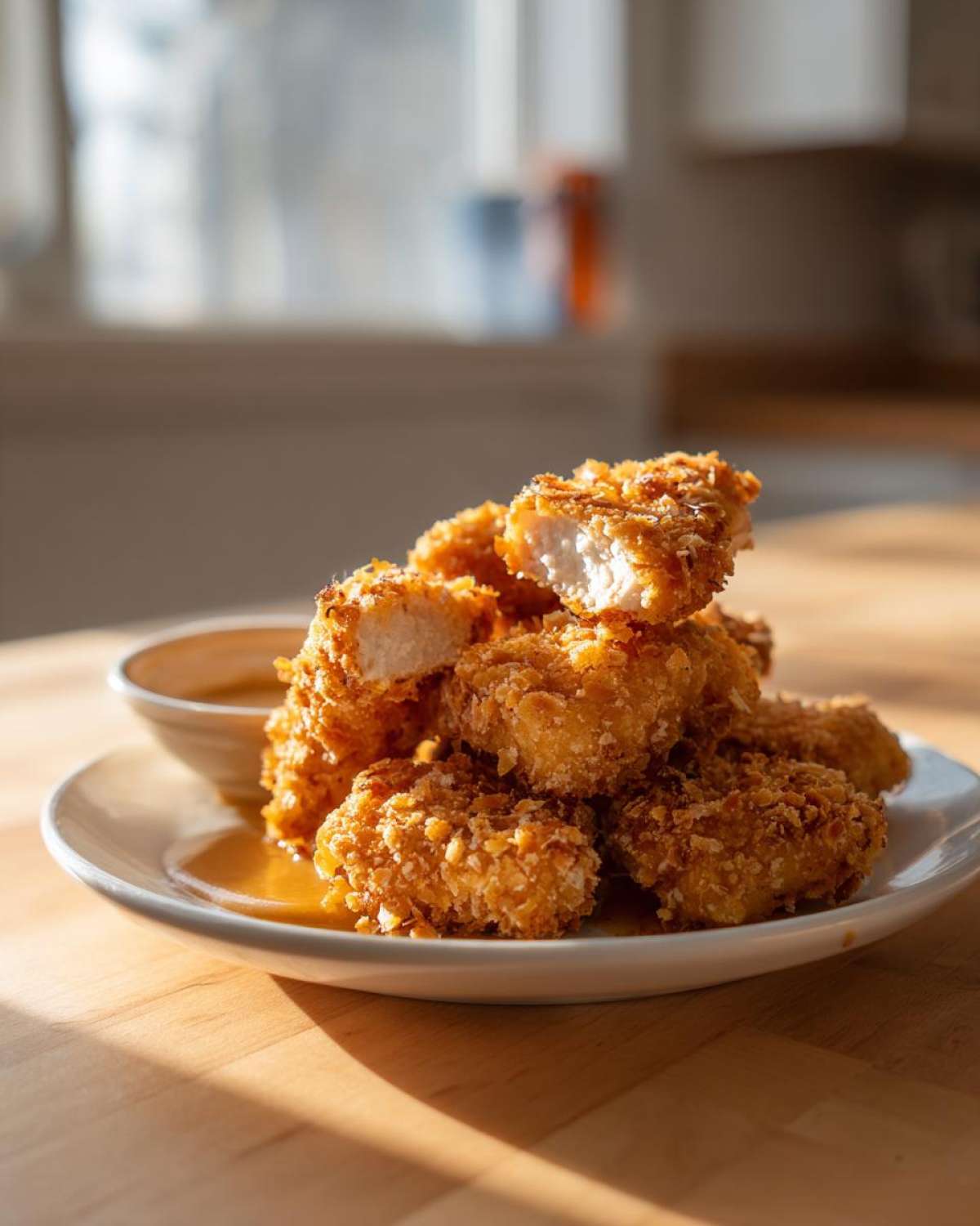 A stack of golden brown, crispy chicken nuggets served on a white plate with a small bowl of honey dip sauce.
