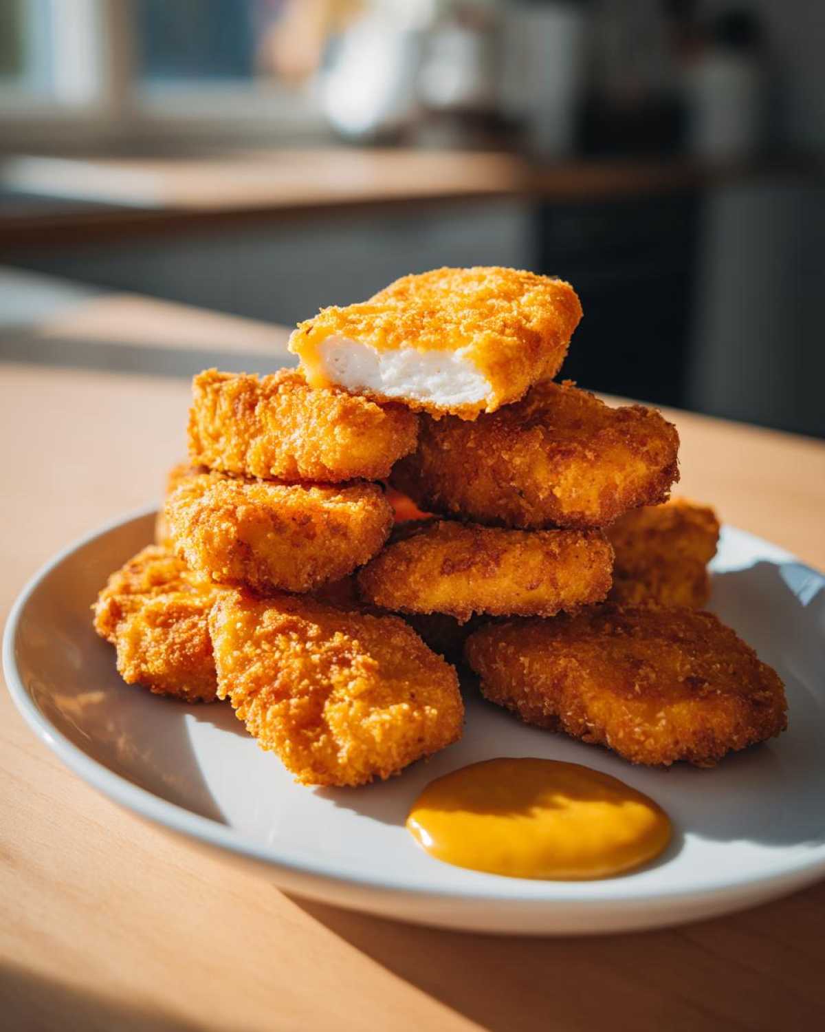 A stack of golden brown Crispy Chicken Nuggets with Honey Dip on a white plate, one nugget is cut open showing white meat.