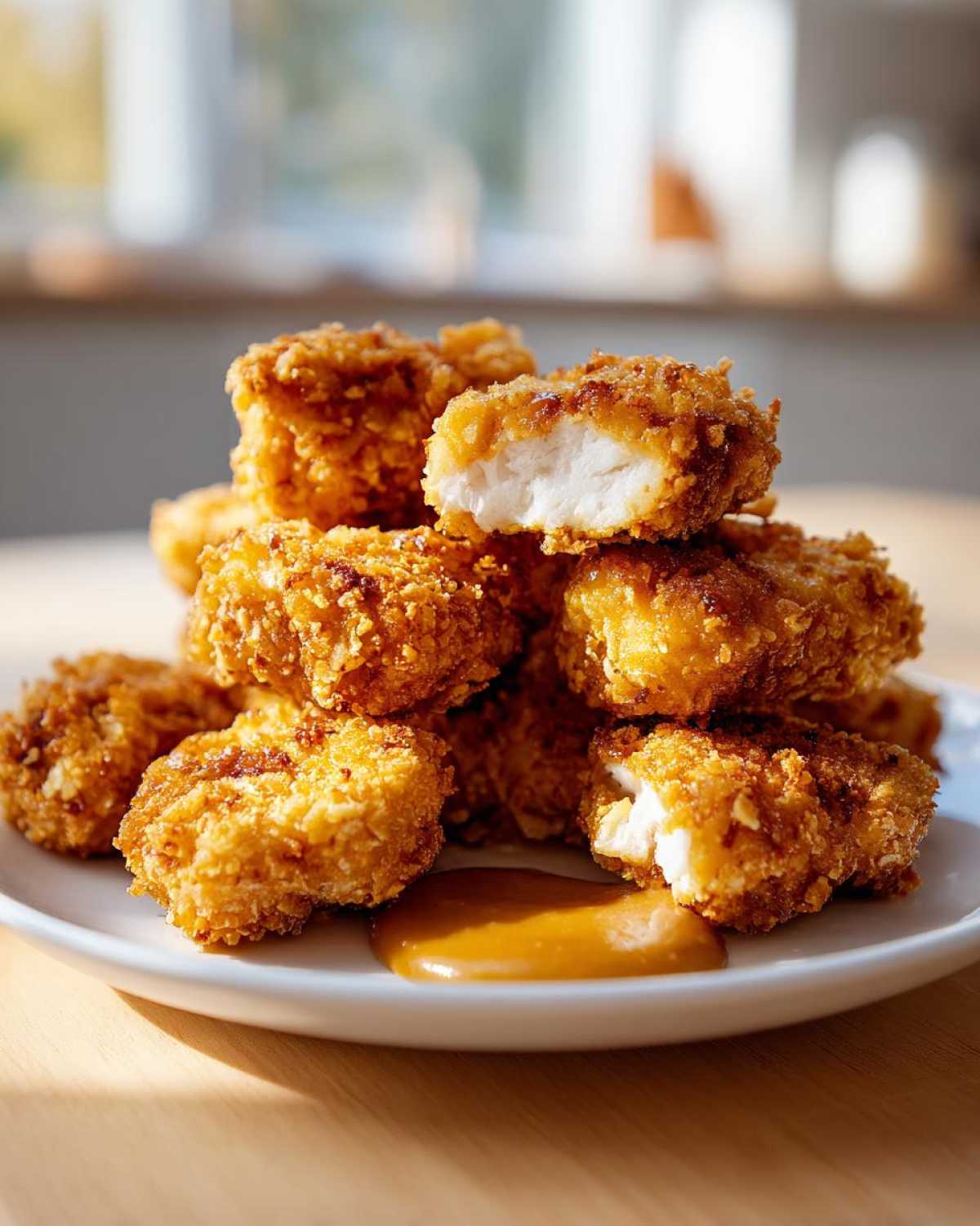 A stack of golden, crispy chicken nuggets served on a white plate with a pool of honey dip.