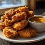 A pile of golden brown, crispy chicken nuggets served with a side of creamy honey garlic dip.