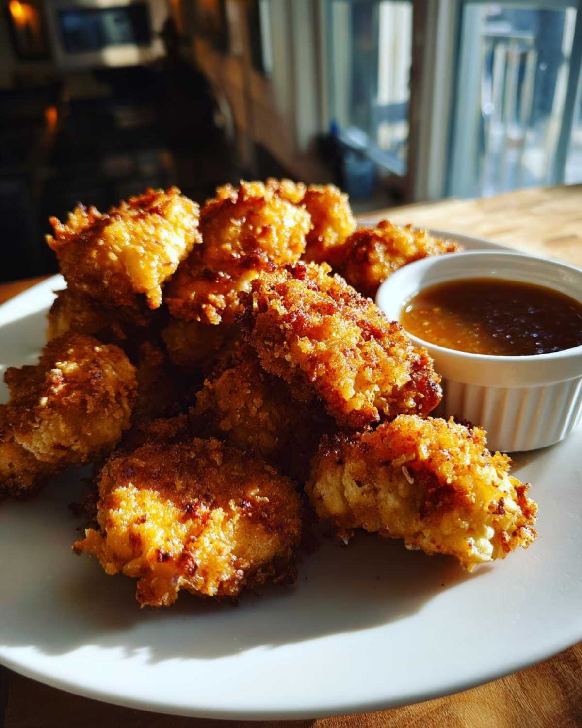 A plate of golden brown Crispy Chicken Nuggets served with a small white ramekin of Honey Garlic Dip.