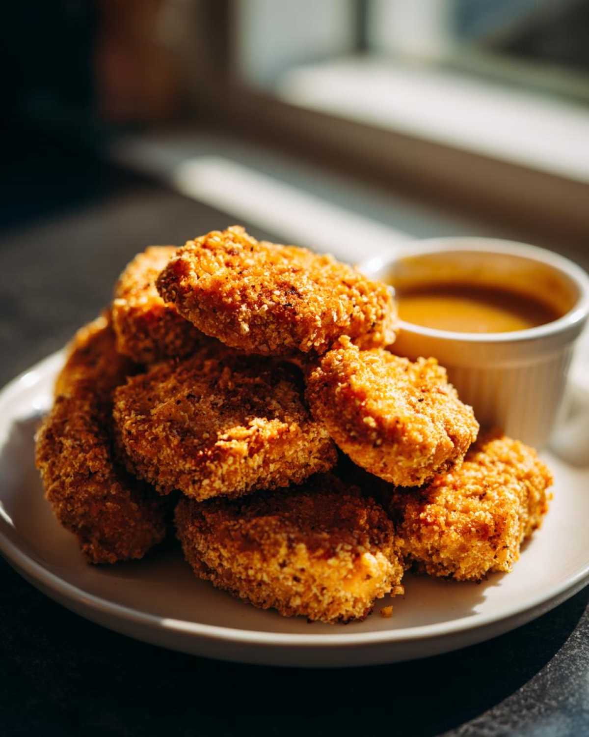 A pile of golden brown, crispy chicken nuggets served on a white plate next to a small ramekin of honey garlic dip.