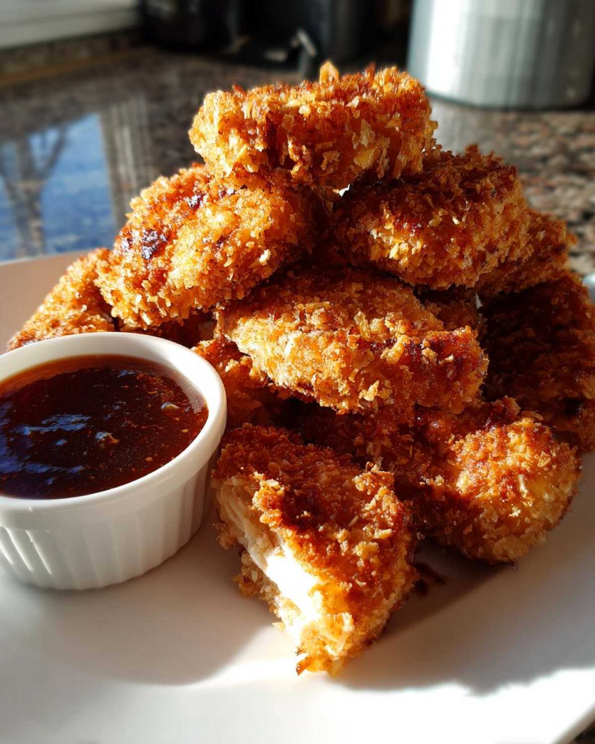 A pile of golden brown, crispy chicken nuggets served with a side of dark honey garlic dip.