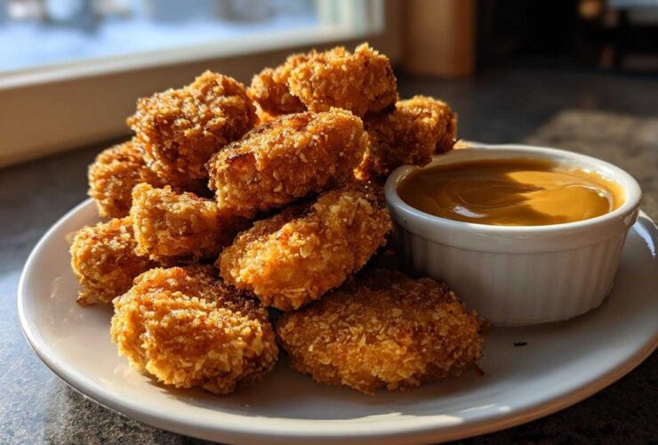 A pile of golden brown, crispy chicken nuggets served with a side of creamy honey garlic dip.