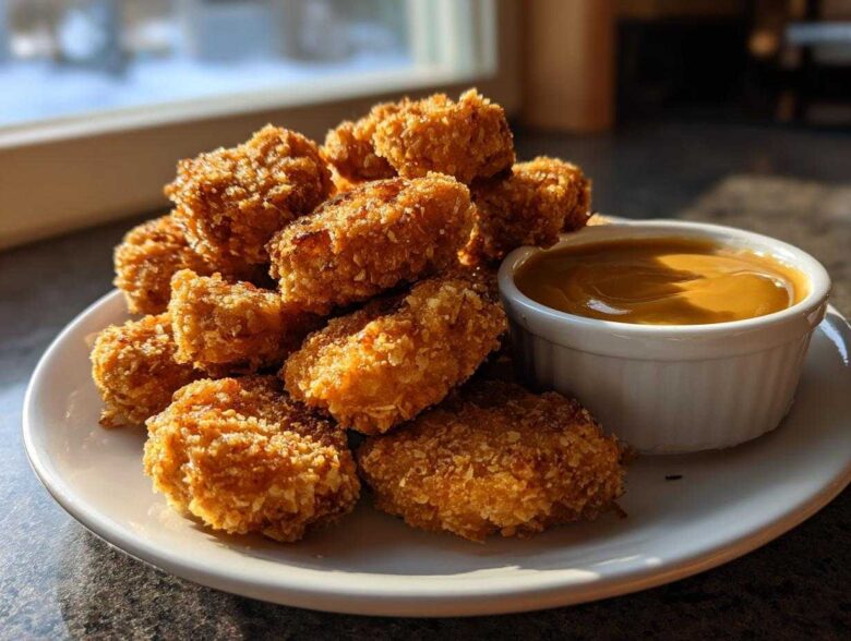A pile of golden brown, crispy chicken nuggets served with a side of creamy honey garlic dip.