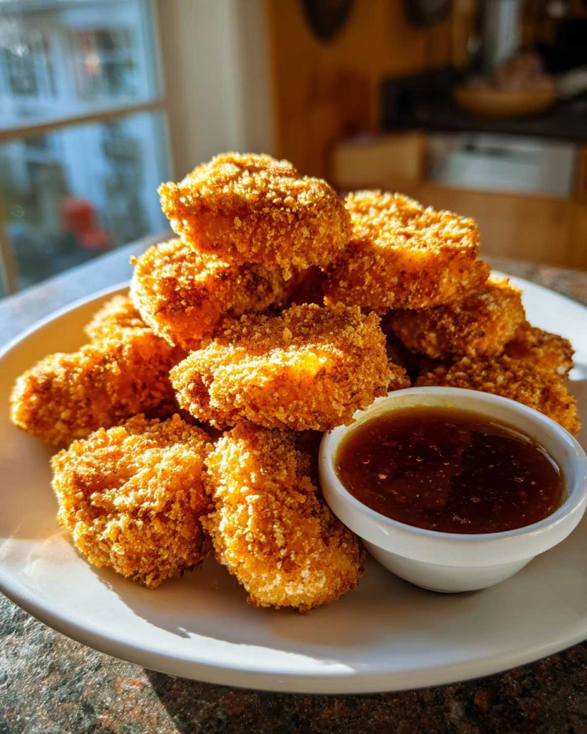 A pile of golden, crispy chicken nuggets served with a small bowl of rich honey garlic dip.