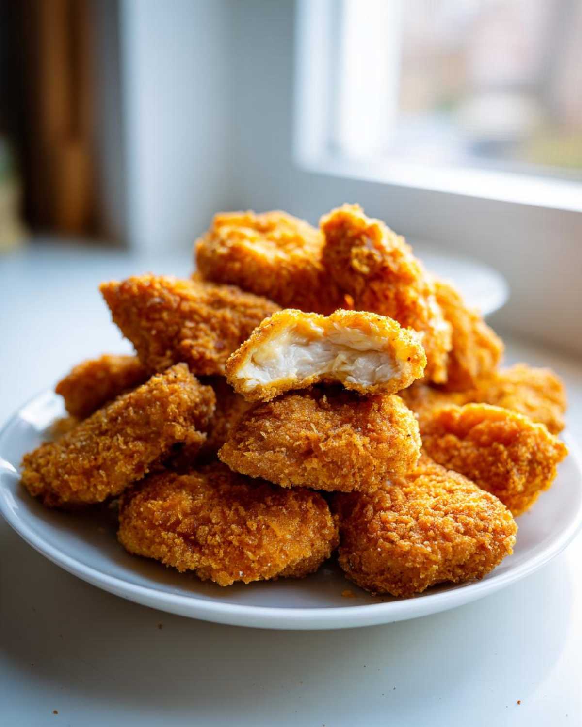 A pile of golden, crispy chicken nuggets stacked on a white plate, one nugget is broken open showing the white meat inside.