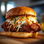 A close-up of a juicy Crispy Chicken Sandwich topped generously with creamy slaw on a brioche bun.