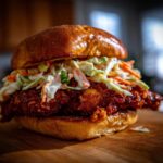 A close-up of a juicy, spicy Crispy Chicken Sandwich topped generously with creamy slaw on a brioche bun.