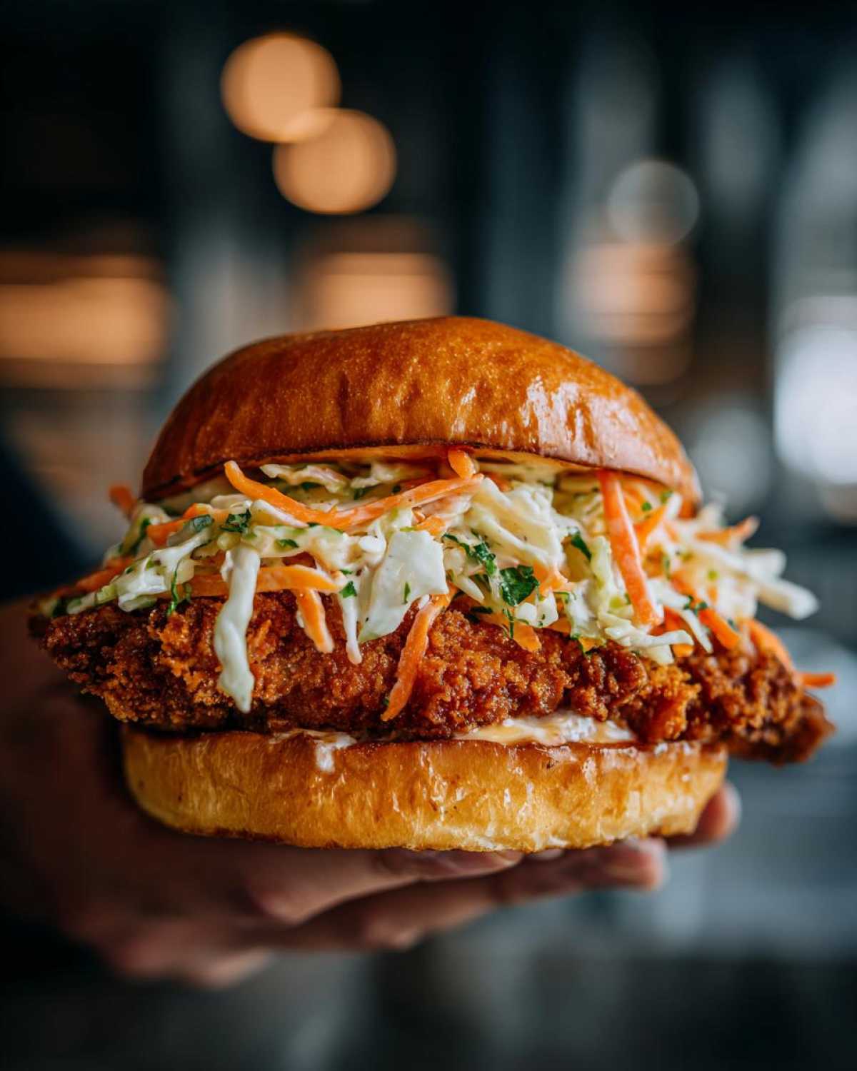 A hand holds up a perfectly assembled Crispy Chicken Sandwich with Creamy Slaw piled high on a brioche bun.