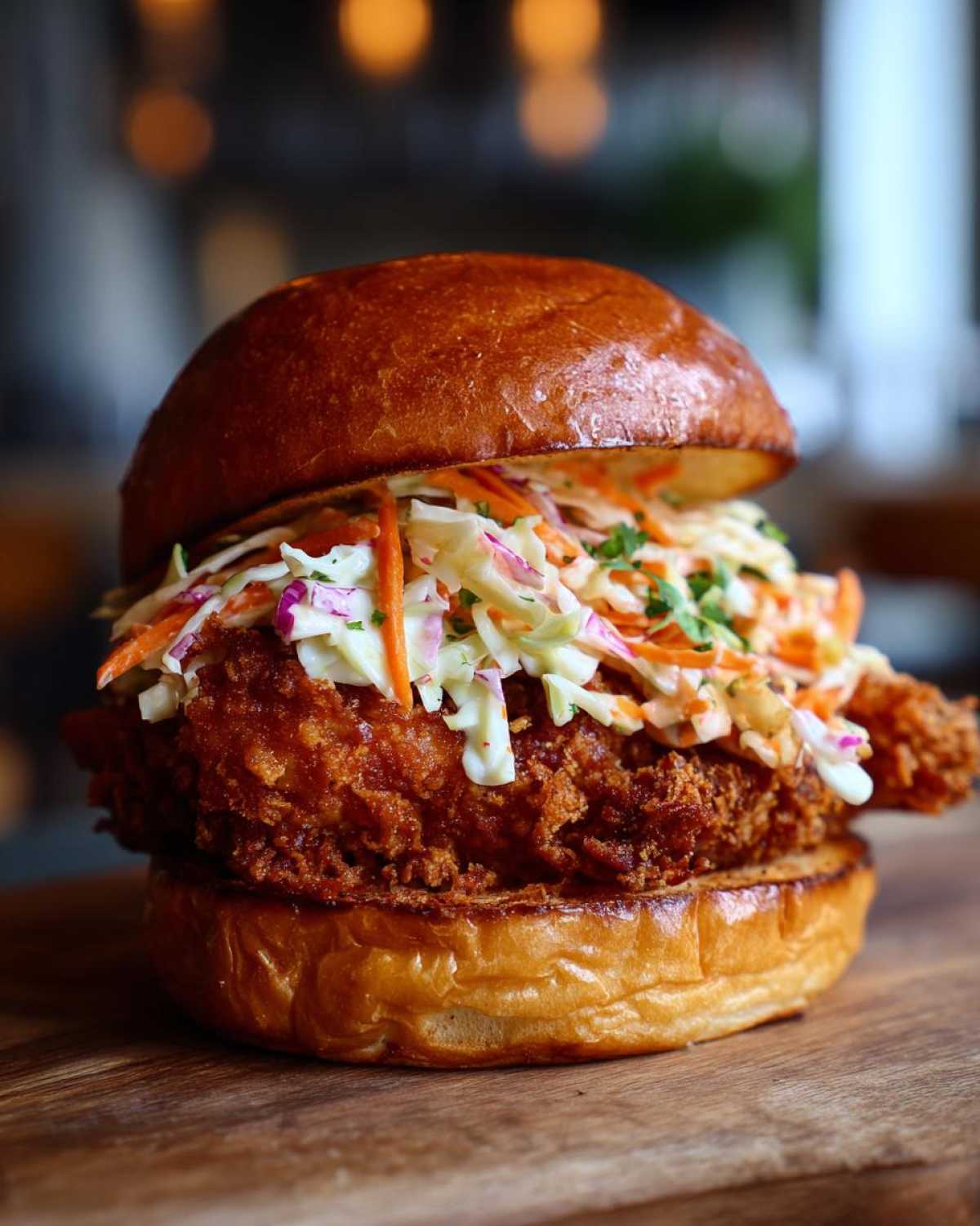 A close-up of a Crispy Chicken Sandwich topped generously with creamy slaw, served on a toasted brioche bun.