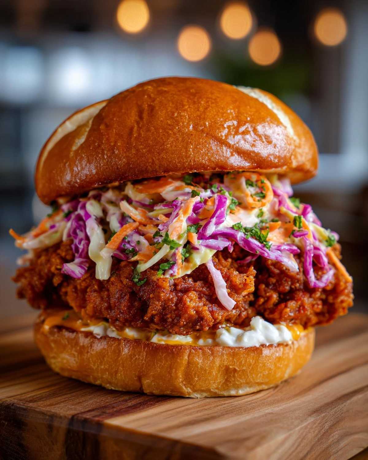 A towering Crispy Chicken Sandwich with Creamy Slaw piled high on a brioche bun, served on a wooden board.