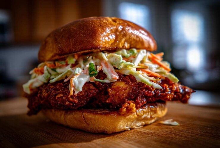 A close-up of a juicy, spicy Crispy Chicken Sandwich topped generously with creamy slaw on a brioche bun.