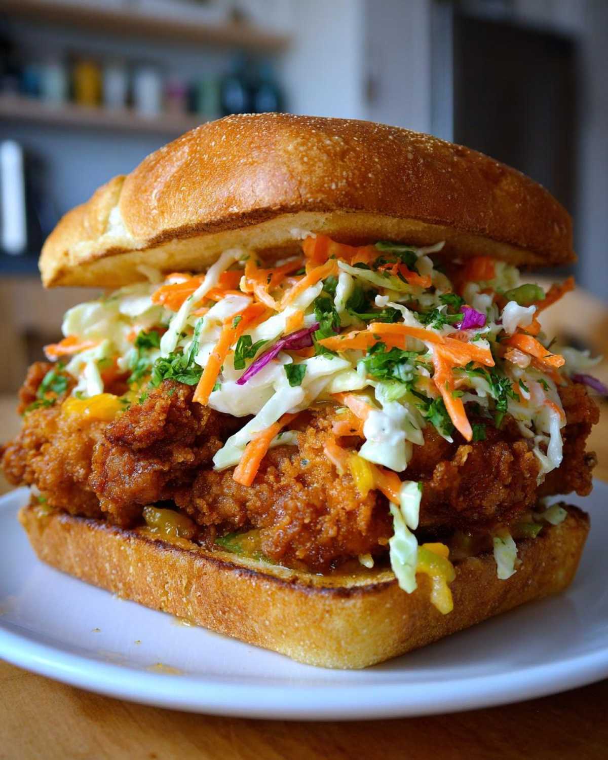 A close-up of a Crispy Chicken Sandwich with Creamy Slaw piled high on a toasted bun.