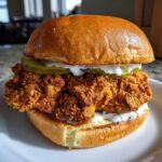 A close-up of a juicy Crispy Chicken Sandwich with Garlic Sauce, featuring a thick piece of fried chicken, pickles, and a toasted brioche bun.