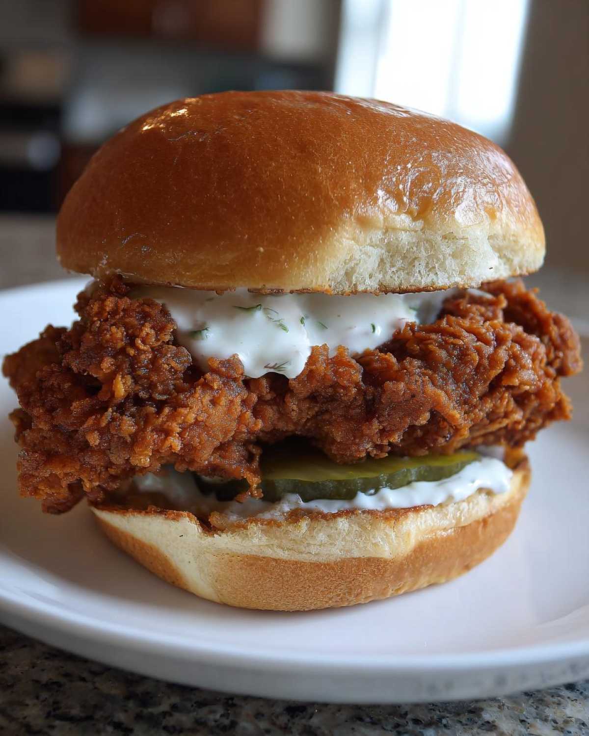 A close-up of a perfectly assembled Crispy Chicken Sandwich with Garlic Sauce, featuring a thick, craggy fried chicken patty and pickles.