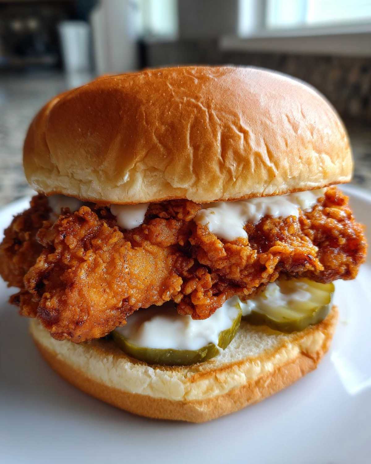 A close-up of a Crispy Chicken Sandwich with Garlic Sauce, featuring a thick fried patty, pickles, and a brioche bun.