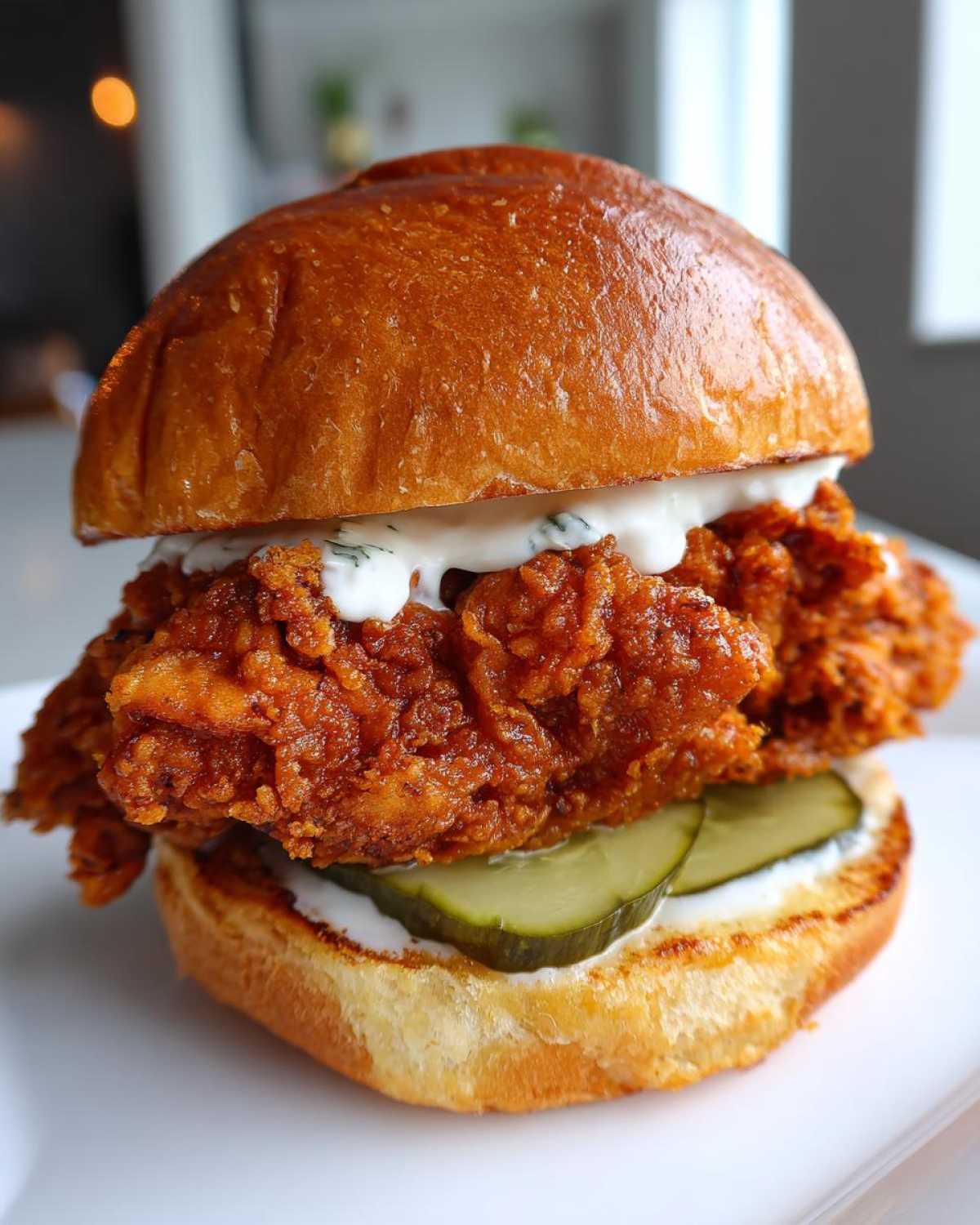 A close-up of a delicious Crispy Chicken Sandwich with Garlic Sauce, featuring a thick fried fillet, pickles, and a brioche bun.