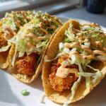 Two crispy chicken tacos topped with shredded lettuce and drizzled with garlic lime sauce.