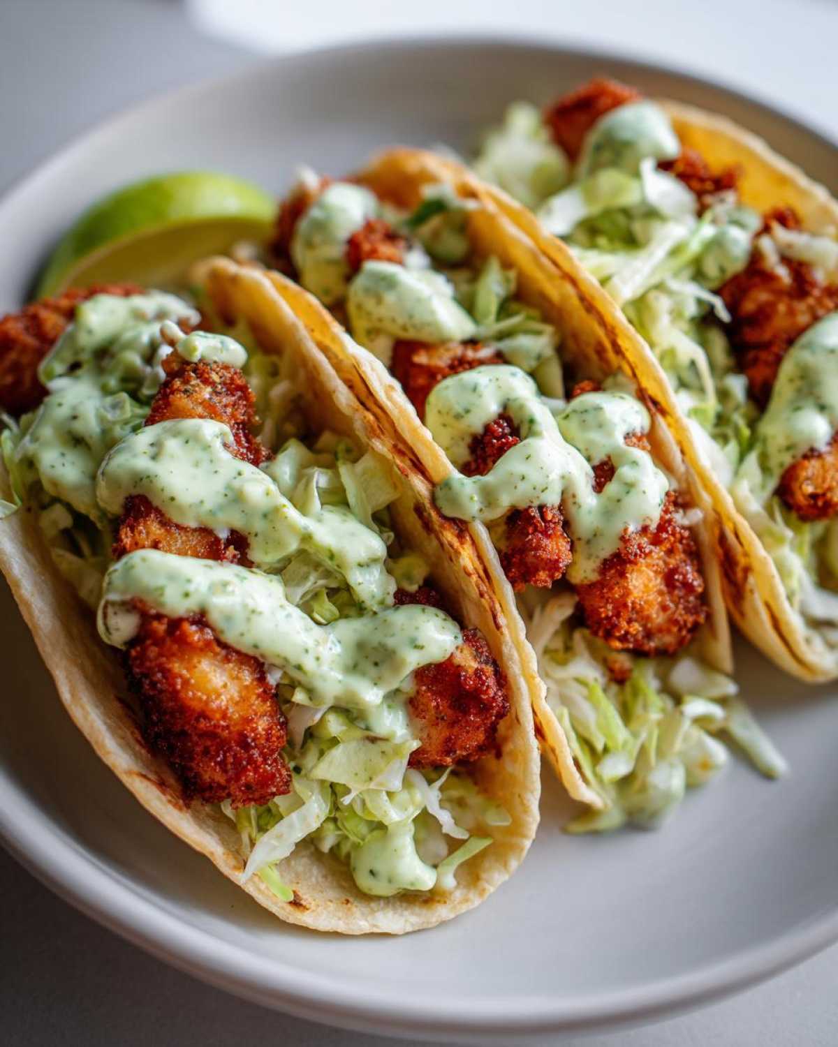 Three Crispy Chicken Tacos topped with shredded lettuce and drizzled generously with green Garlic Lime Sauce.