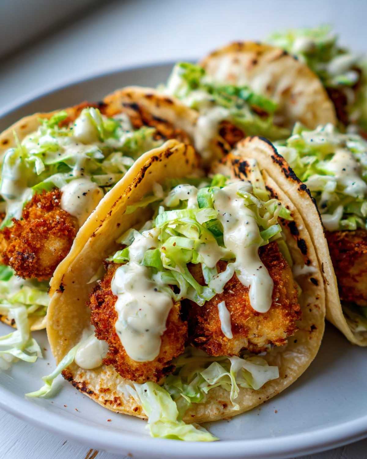 Close-up of Crispy Chicken Tacos with Garlic Lime Sauce, featuring breaded chicken, shredded lettuce, and creamy sauce on charred tortillas.