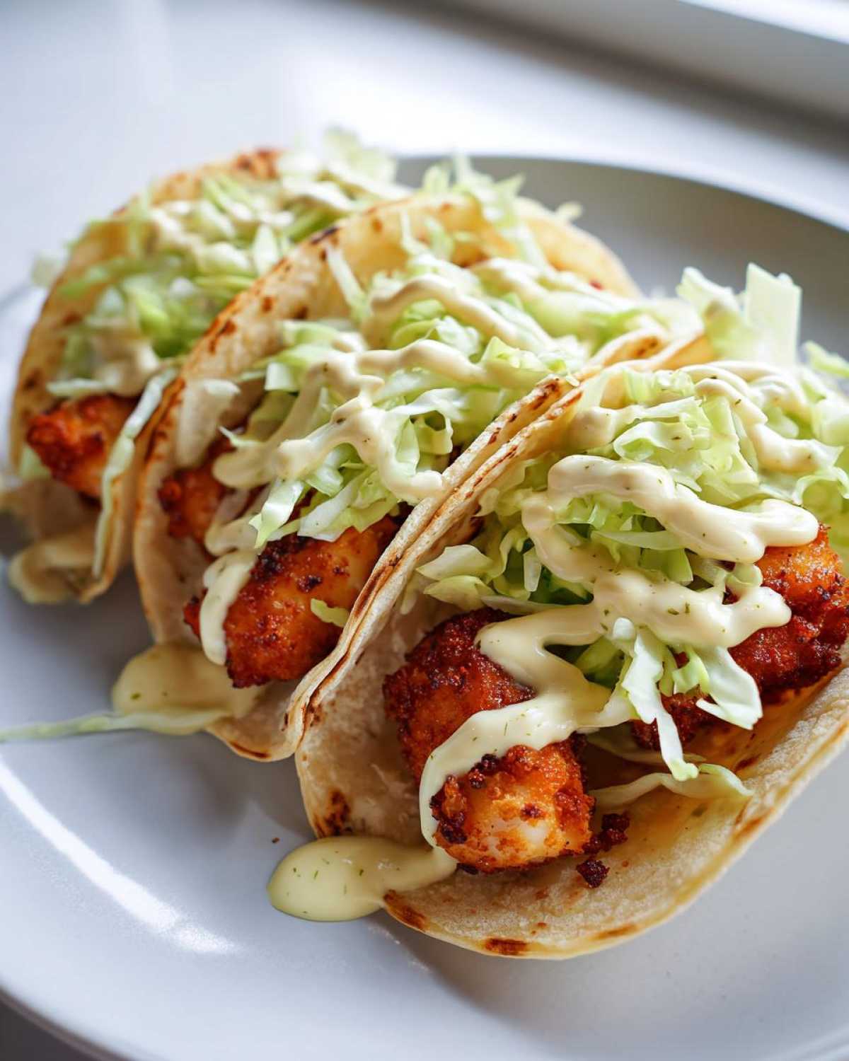 Three Crispy Chicken Tacos with Garlic Lime Sauce, topped with shredded lettuce, served on a light gray plate.