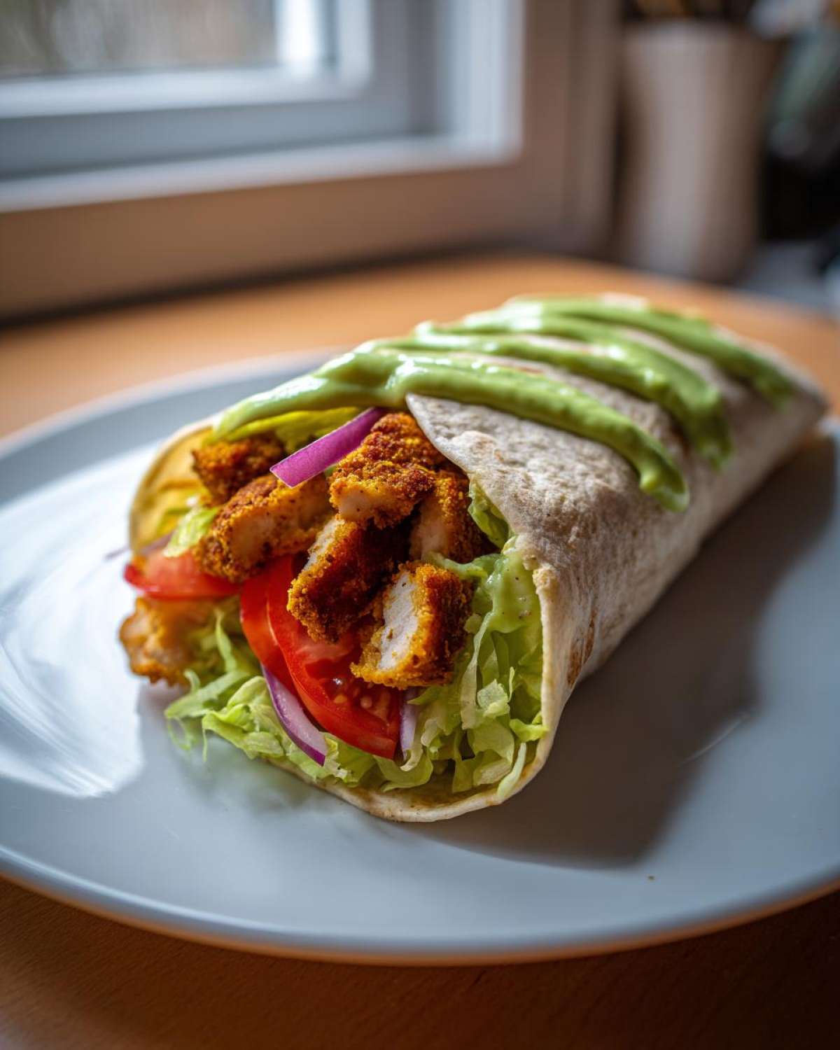 A close-up of a Crispy Chicken Wrap with Avocado Sauce, filled with breaded chicken, lettuce, tomato, and onion.