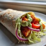 A delicious Crispy Chicken Wrap with Avocado Sauce, filled with crispy chicken, lettuce, red onion, and tomato.