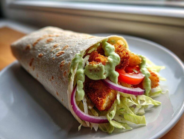 A delicious Crispy Chicken Wrap with Avocado Sauce, filled with crispy chicken, lettuce, red onion, and tomato.
