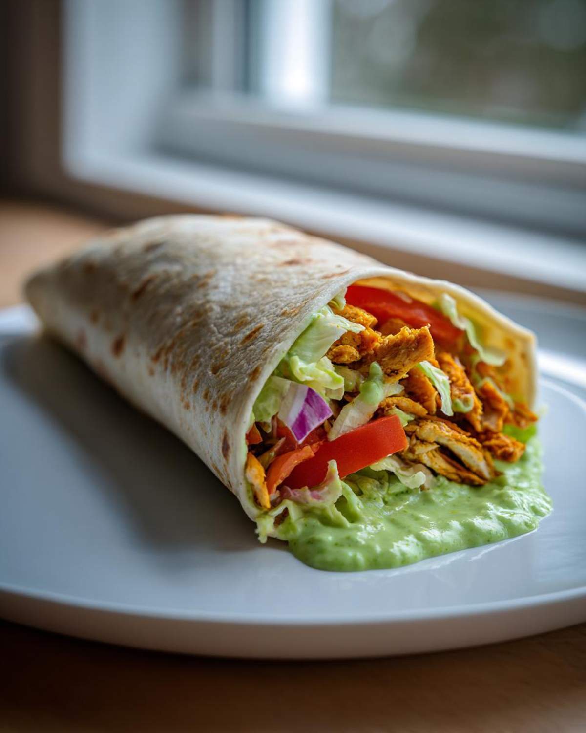 A close-up of a Crispy Chicken Wrap with Avocado Sauce, filled with seasoned chicken, lettuce, tomato, and onion, resting on a white plate.