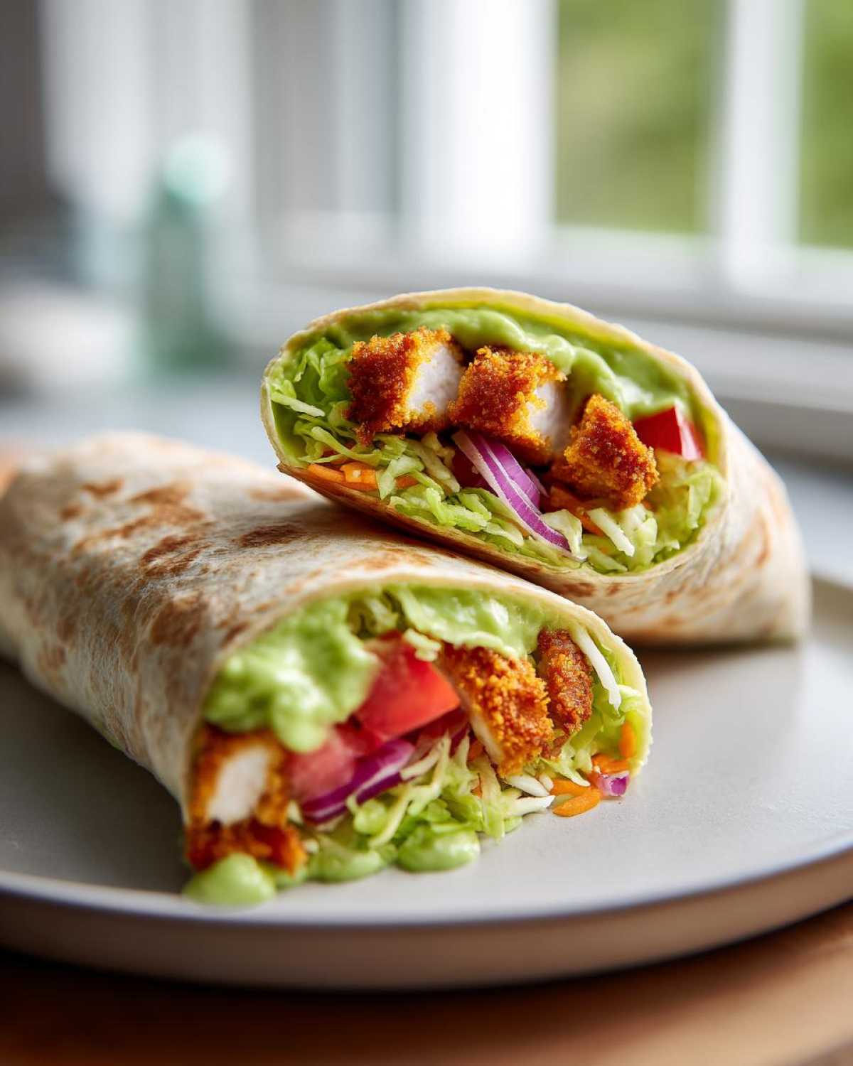 Two halves of a Crispy Chicken Wrap with Avocado Sauce, showing crispy chicken, lettuce, onion, and creamy green sauce.