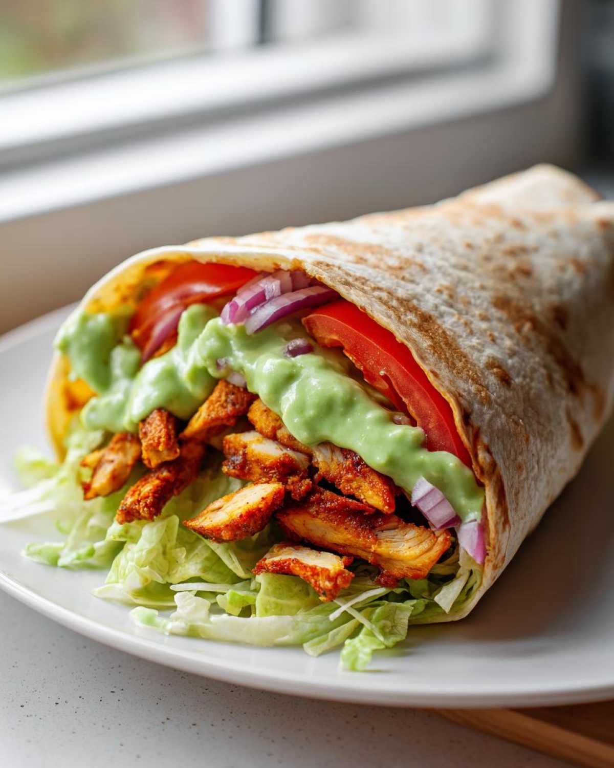 A delicious Crispy Chicken Wrap with Avocado Sauce, filled with seasoned chicken, lettuce, tomato, and red onion.