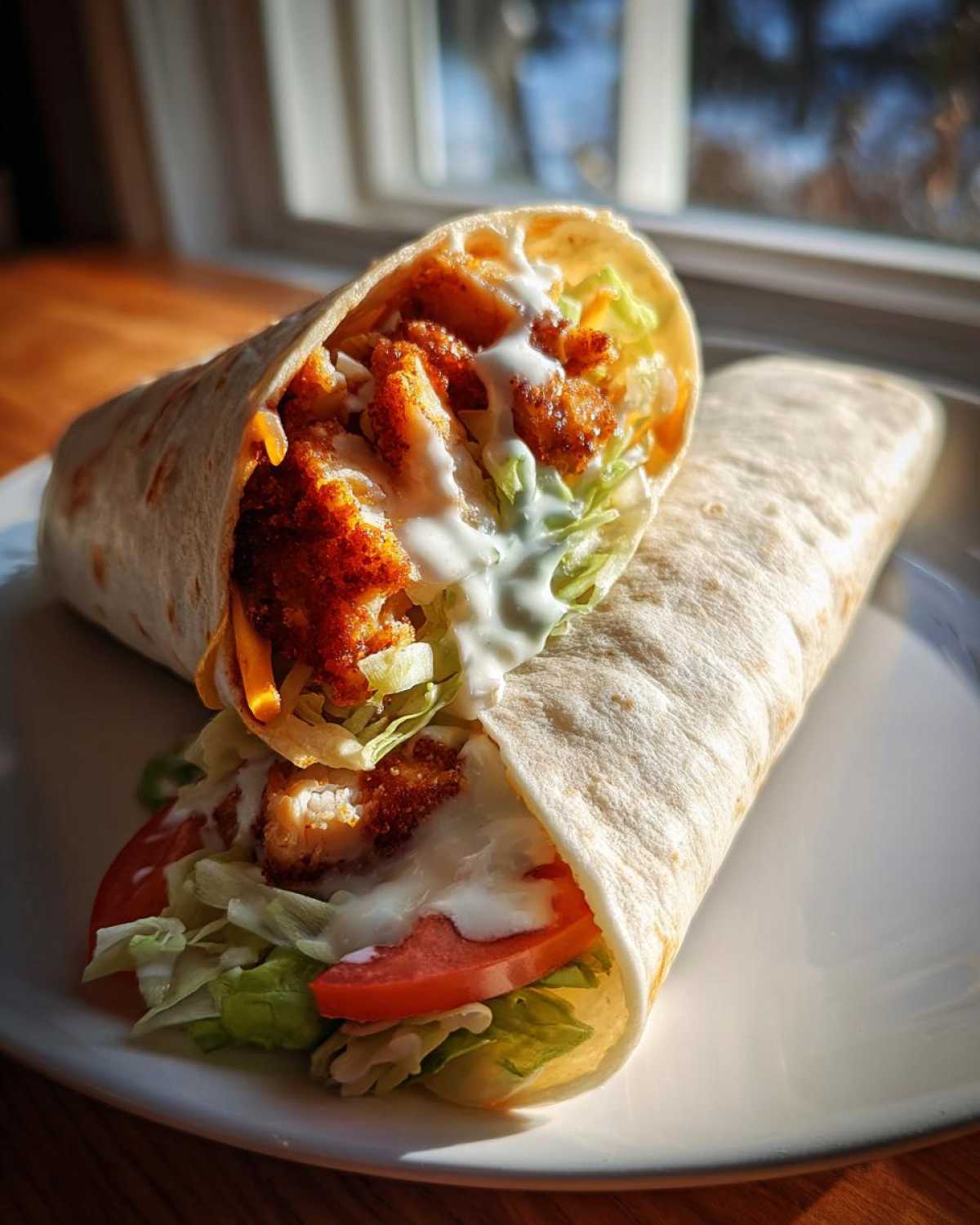 Two halves of a Crispy Chicken Wrap with Creamy Garlic Sauce, showing crispy chicken, lettuce, tomato, and sauce.