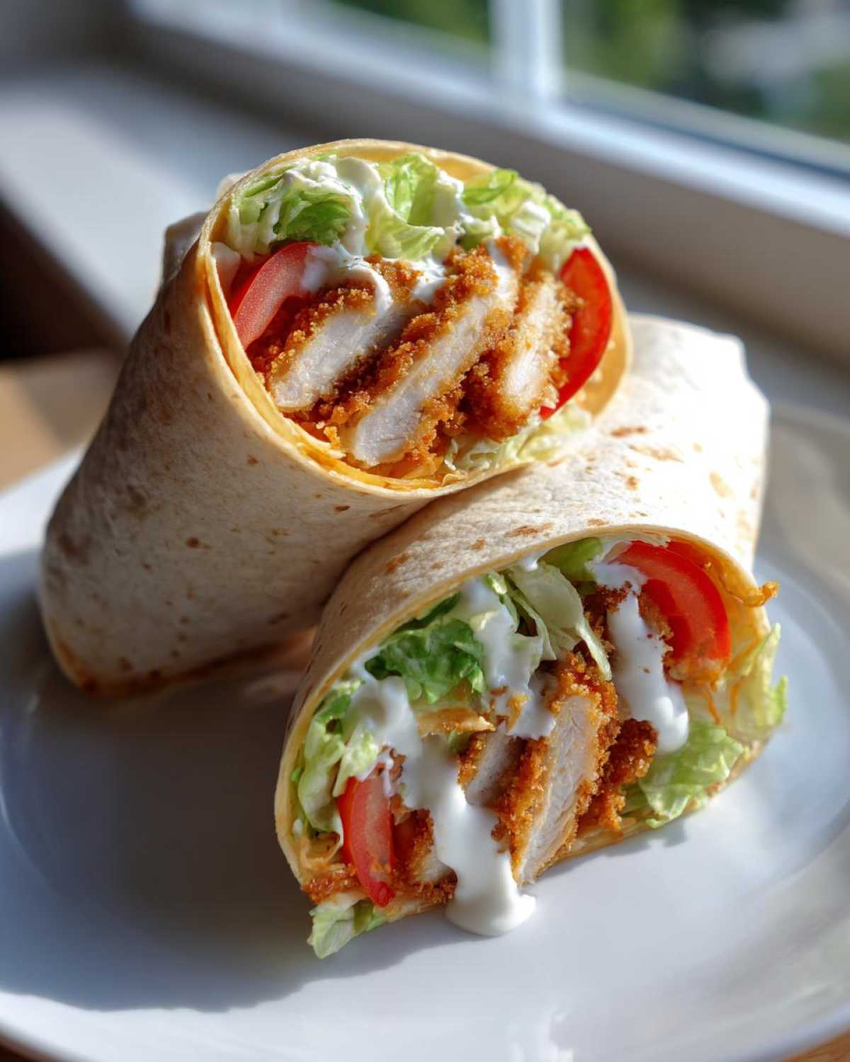 Two halves of a Crispy Chicken Wrap with Creamy Garlic Sauce, showing crispy chicken, lettuce, and tomato.