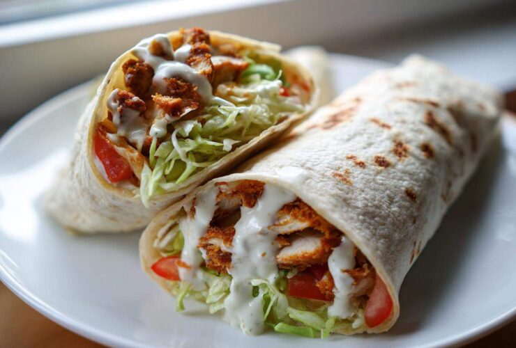 Two halves of a Crispy Chicken Wrap with Creamy Garlic Sauce, filled with lettuce, tomato, and crispy chicken.
